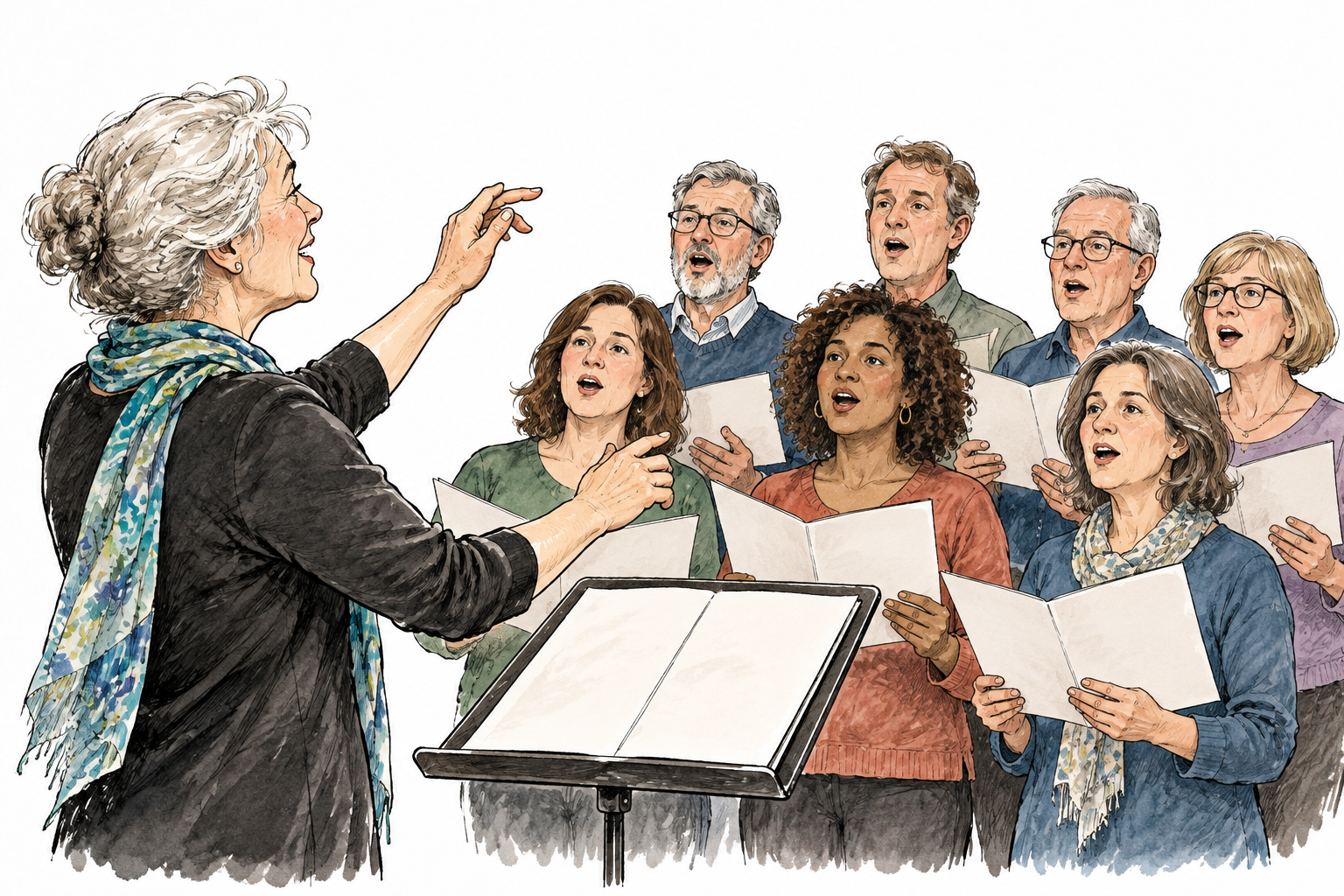 Close view of a choral rehearsal: older white female conductor guides adult singers in harmonious coordinated singing, blank music pages.