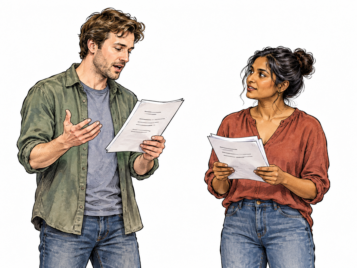 Two adult actors rehearse on a plain stage holding paper scripts with a few nonlegible dialogue lines; one follows the page while speaking, no titles or signs.