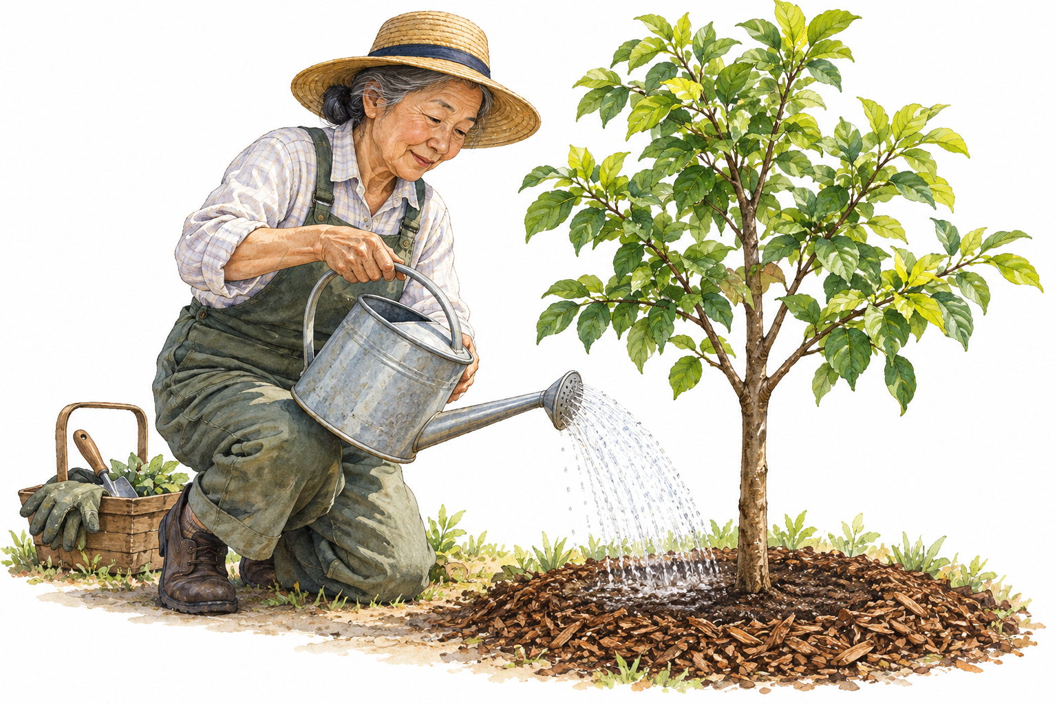 An older East Asian gardener regularly waters a young tree to keep it alive and growing.