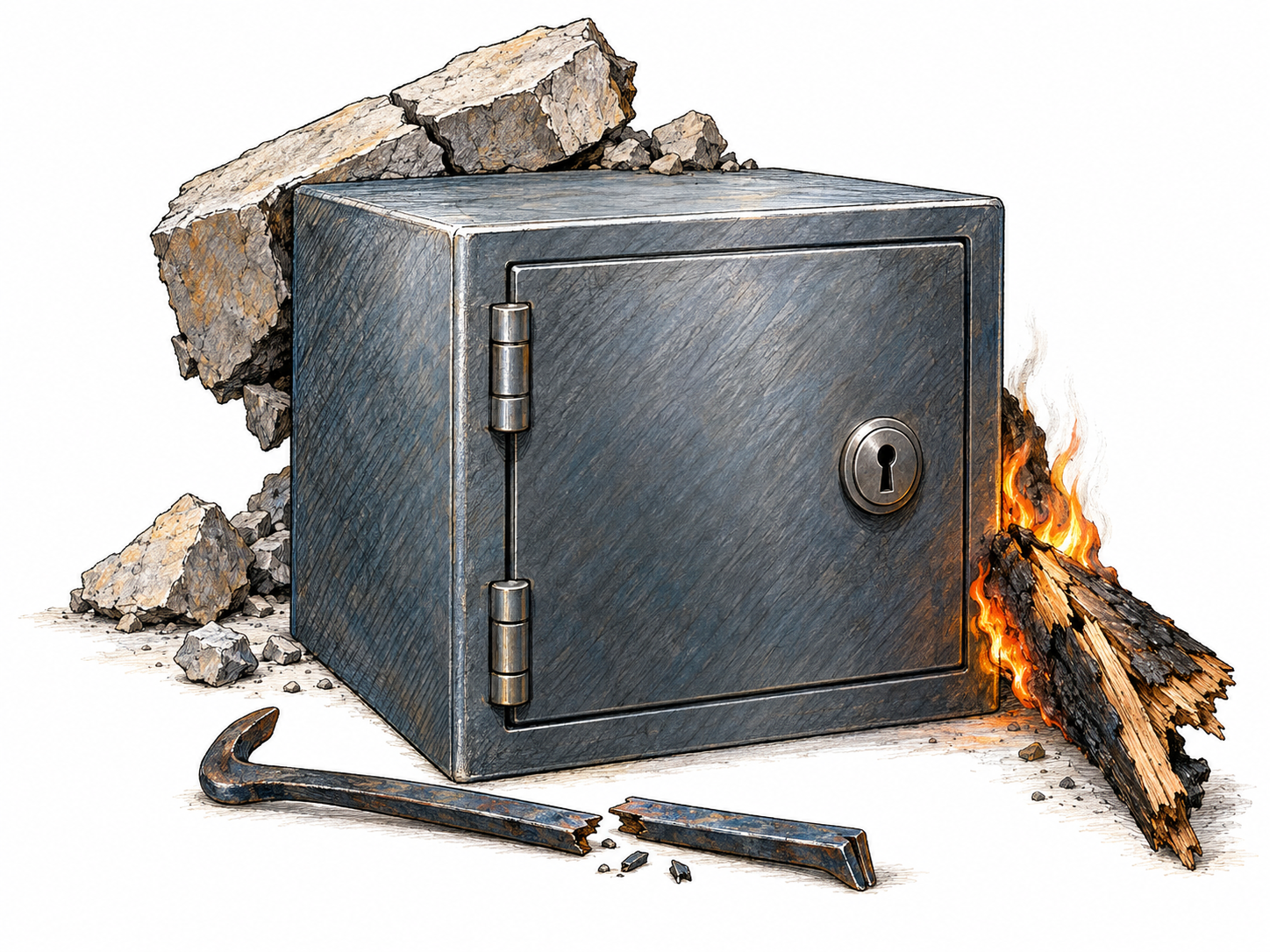 A completely intact strongbox amid several visibly destructive forces: collapsed masonry, fire, and shattered burglary tools surround it, yet its body, door, and lock remain undamaged.