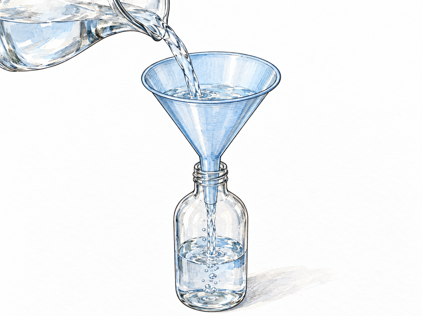 A large cone-shaped funnel sits in the narrow neck of a clear bottle while a tilted measuring jug pours water into its wide mouth.