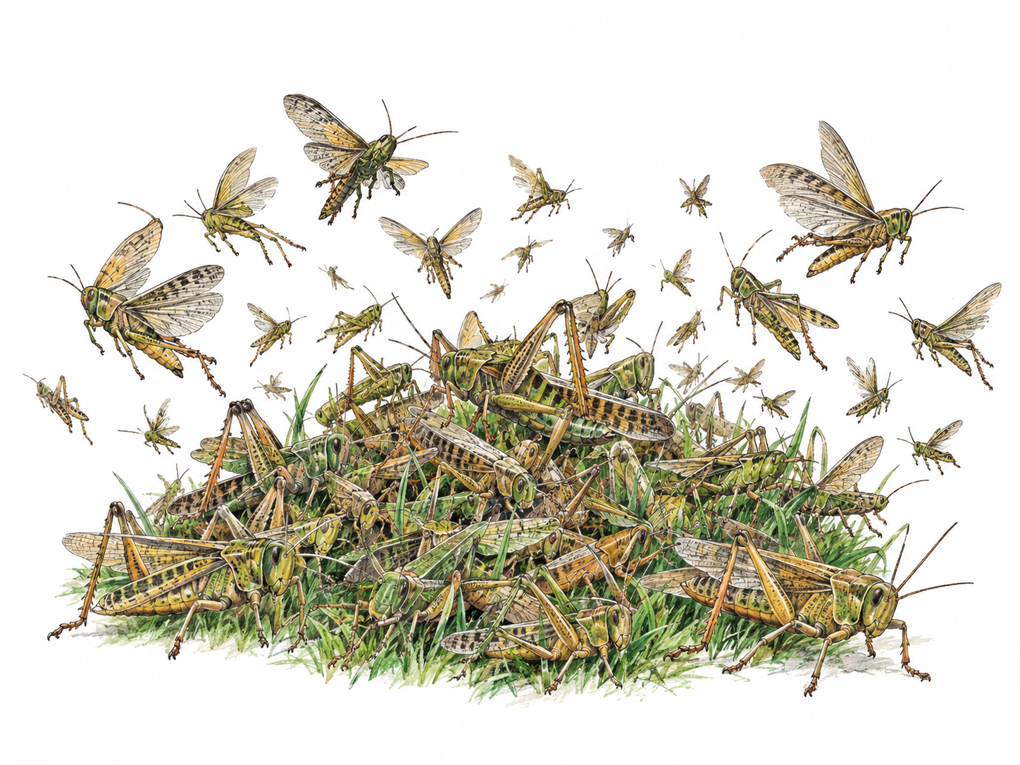 A dense, disorderly horde of locusts swarms over a small patch of grass, with insects crawling over one another and flying in conflicting directions.