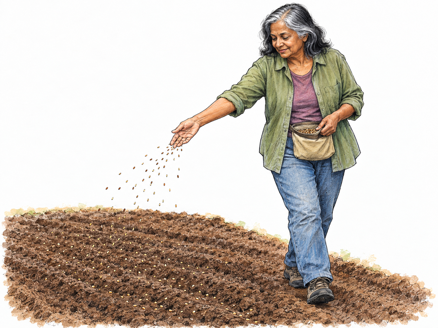 An older woman broadcasts seeds by hand across a prepared garden bed, with seeds visibly leaving her open hand and scattering onto bare, raked soil.