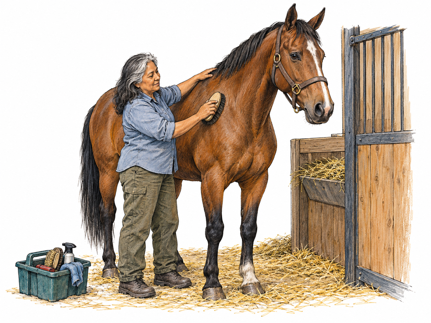 A stable worker brushes a horse beside its open stall, with a hay manger and grooming kit making routine horse care unmistakable.
