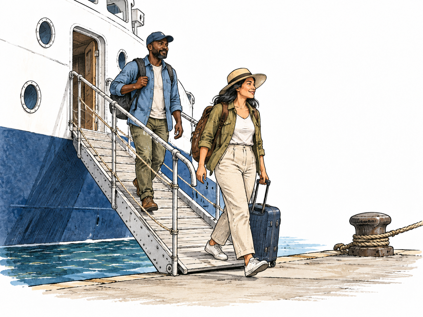 A diverse pair of adult travelers step off a ship down a gangway onto the dock, ship behind them.