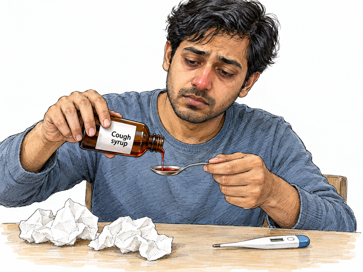 A visibly ill man measures cough syrup into a medicine spoon, making the substance’s therapeutic use clear rather than showing a generic drink.