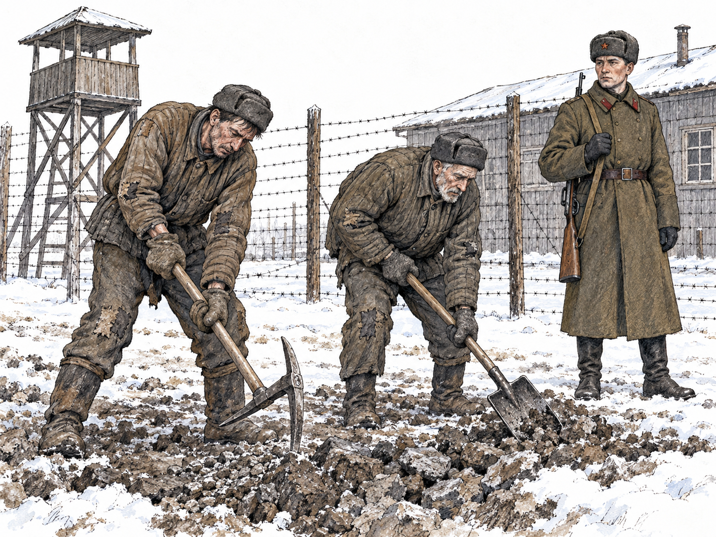 Inside a snowbound Soviet forced-labor camp, two exhausted prisoners break frozen ground with hand tools while an armed guard watches; barbed wire, a watchtower and a plain wooden barrack establish confinement rather than ordinary outdoor work.