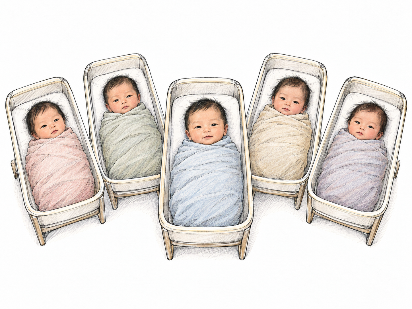 Five newborn quintuplet siblings lie in five adjacent bassinets, with the nearest baby gently emphasized to illustrate one baby belonging to the set of five.
