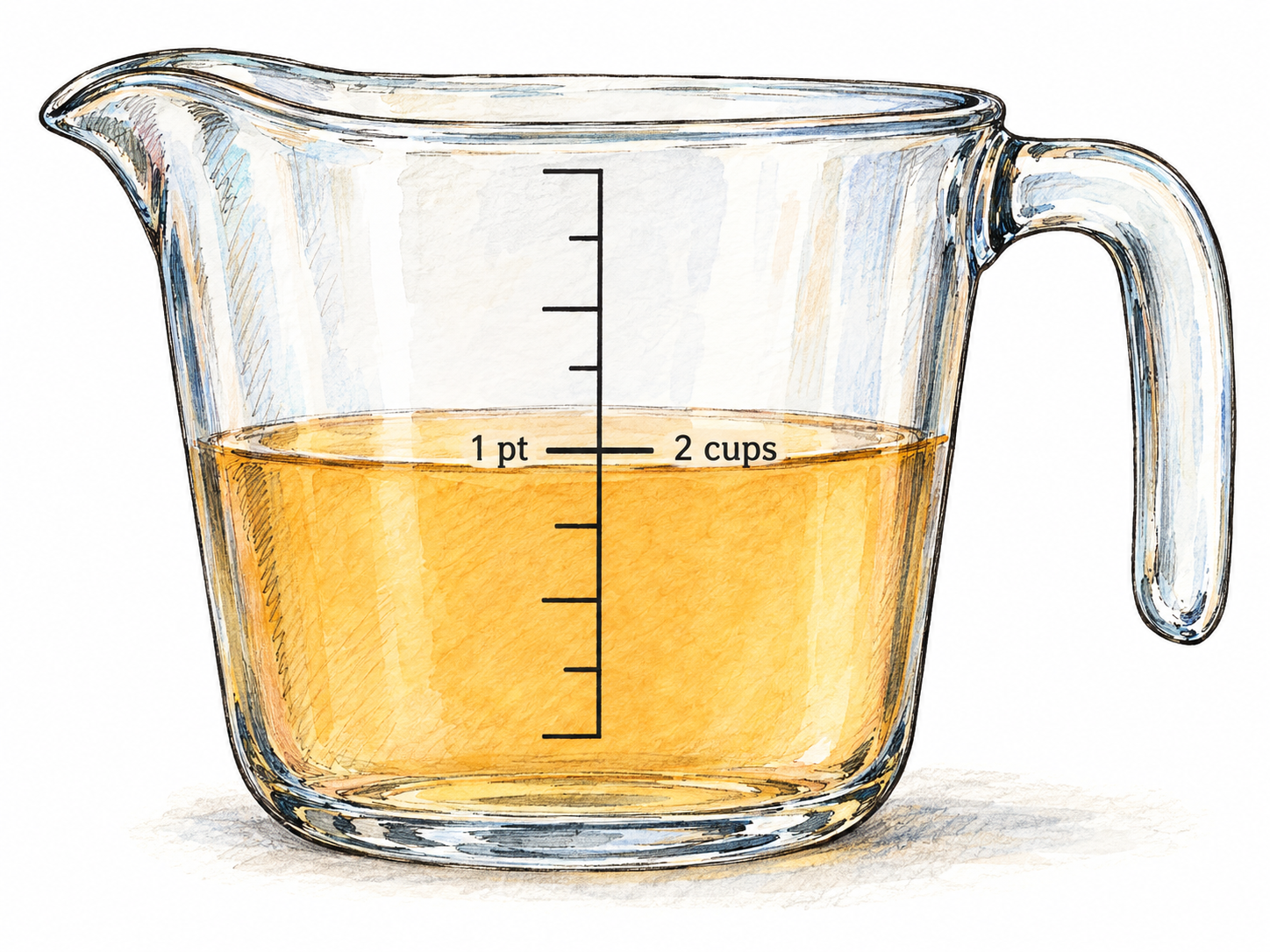 A transparent kitchen measuring jug filled to a single calibration line marked with the equivalent capacities “1 pt” and “2 cups,” making the selected liquid measure directly visible.