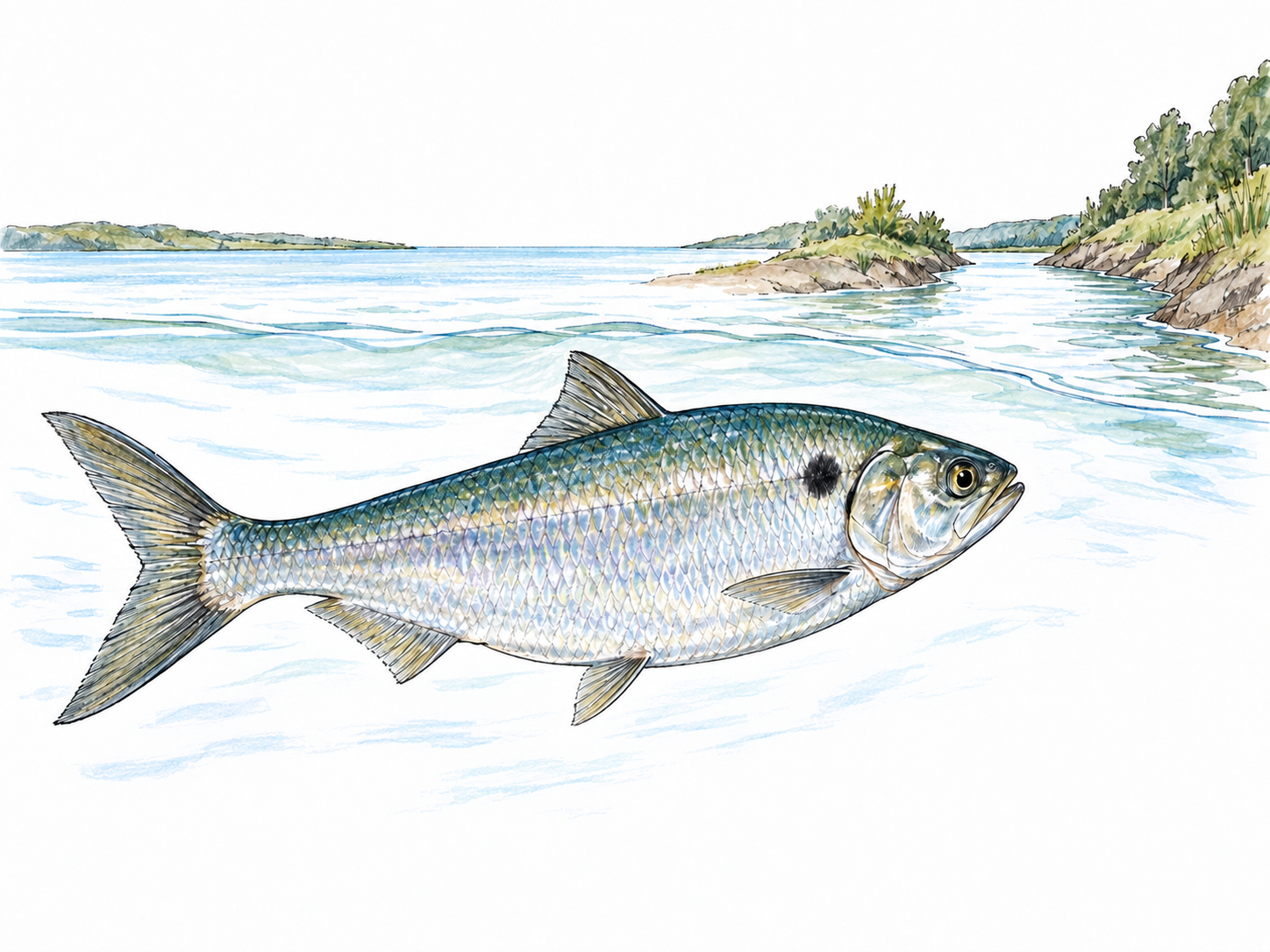 A shad swims upstream into a river from its open estuary, with its silvery, deep-bodied profile clearly visible and only minimal banks and water cues.
