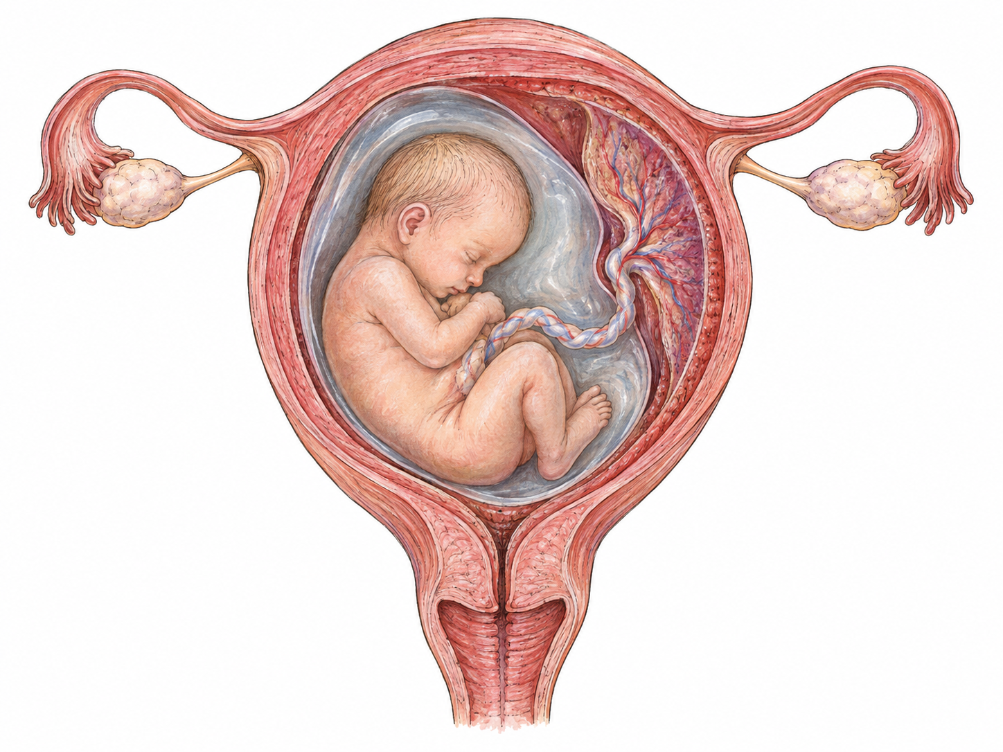 An isolated anatomical cutaway of a pregnant uterus, showing a curled fetus enclosed within its muscular wall, with placenta and umbilical cord clearly visible.