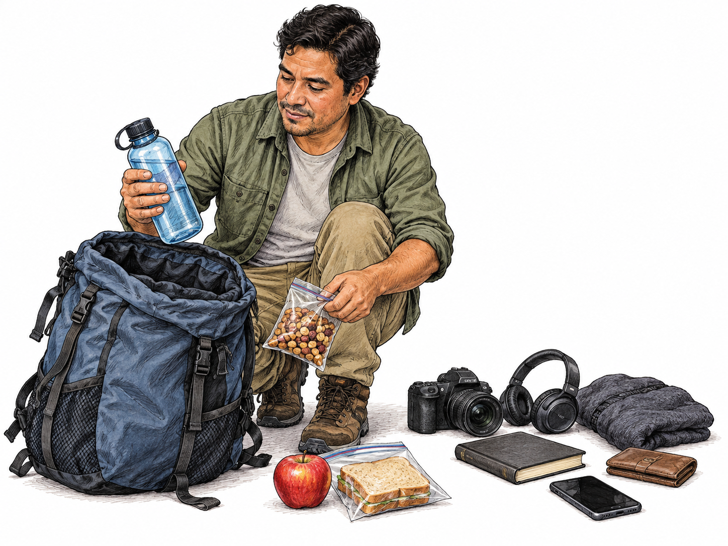 A traveler selects essential water and simple food from several travel objects, showing a necessity rather than luxury; clear practical need, no survival advice.