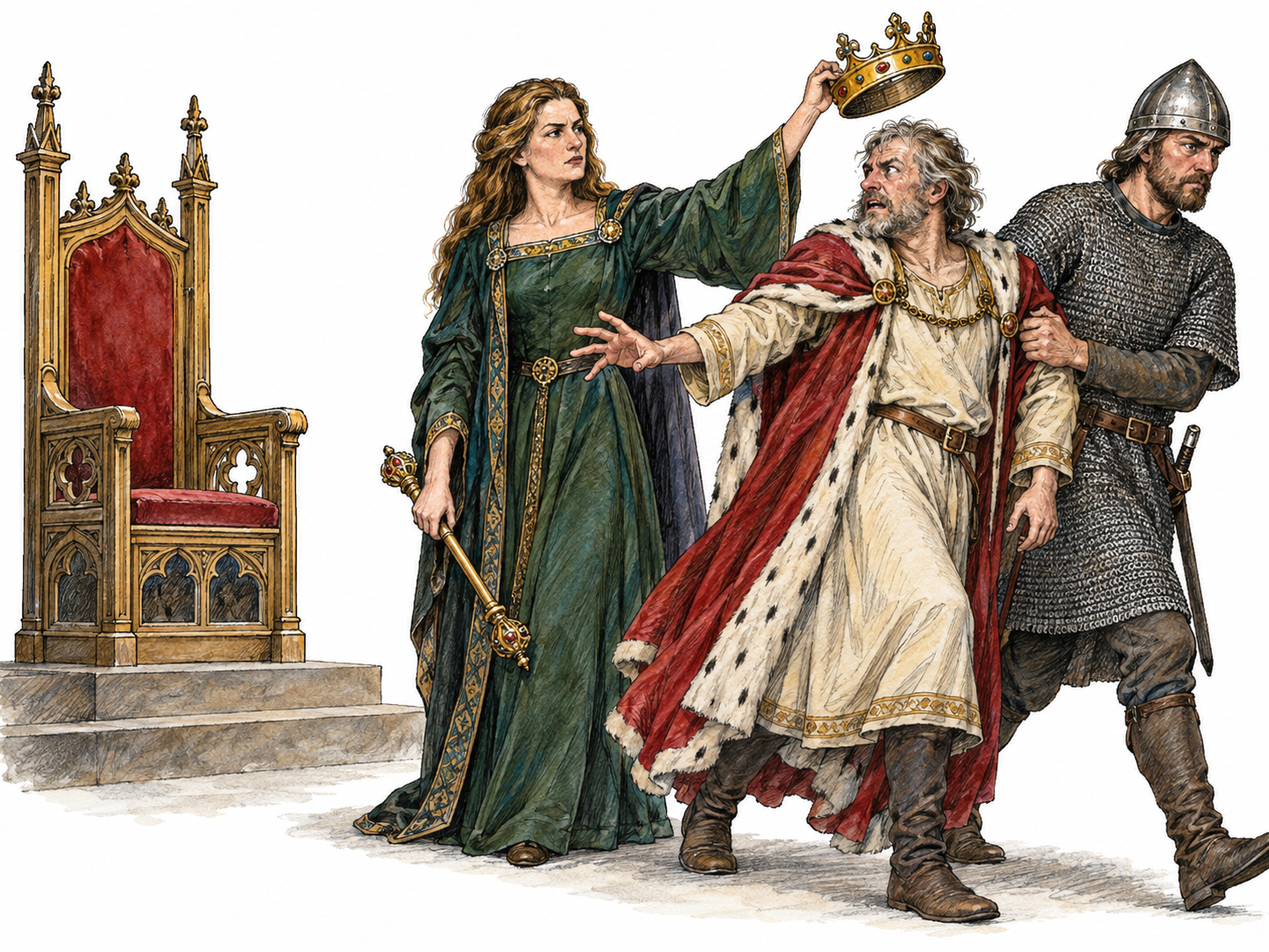 A ruler is forcibly led away from his throne while a second guard removes his crown and takes possession of his scepter, making the loss of royal authority visible.