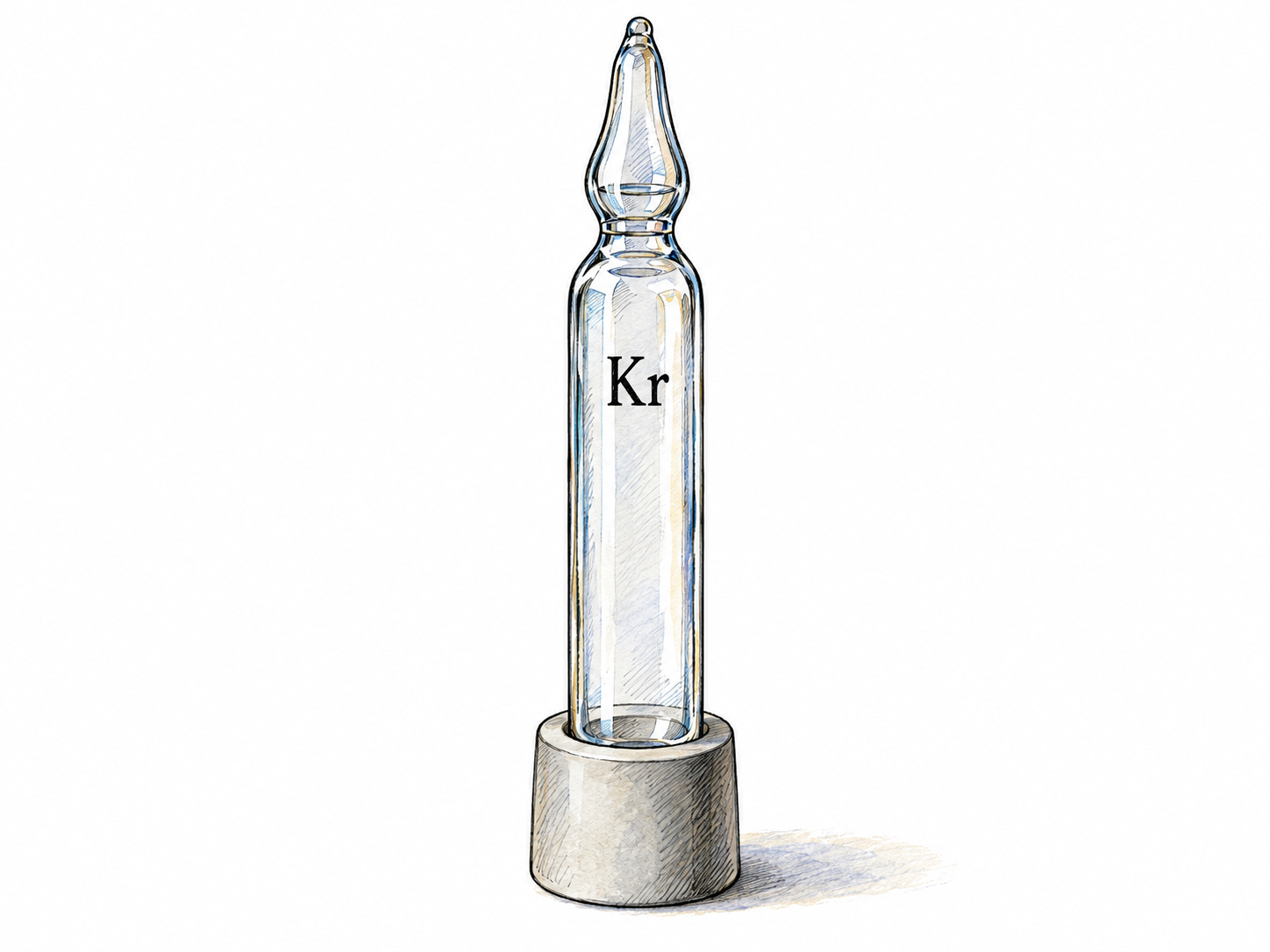 A sealed laboratory gas-sample ampoule containing visibly colorless, transparent gas, identified only by the intrinsic chemical marking “Kr.” No colored vapor or liquid is shown.