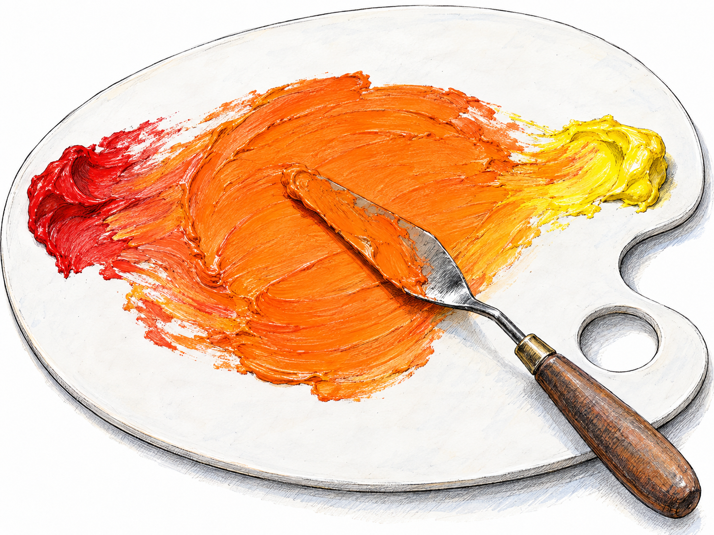 Red and yellow paint are being melded into one smooth orange mixture on a palette; a palette knife rests across the merged paint, with narrow traces of the original colors still visible at its edges.