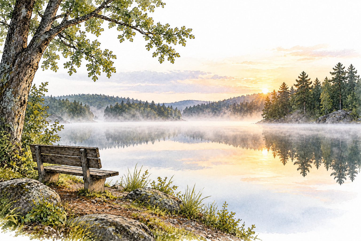 A still lake reflects trees at dawn with an empty bench and soft mist, deep calm stillness.