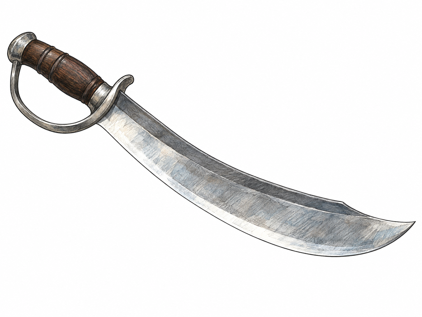 A single cutlass shown in clear side profile, with a short, broad, gently curved blade, one sharpened convex edge, a thick blunt spine, and a protective knuckle guard.