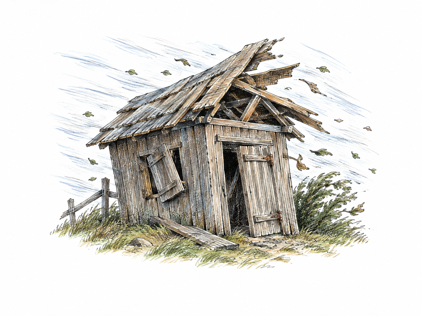 Violent wind severely strains a small wooden shed: roof boards peel upward and frame twists while shutters hang loose.