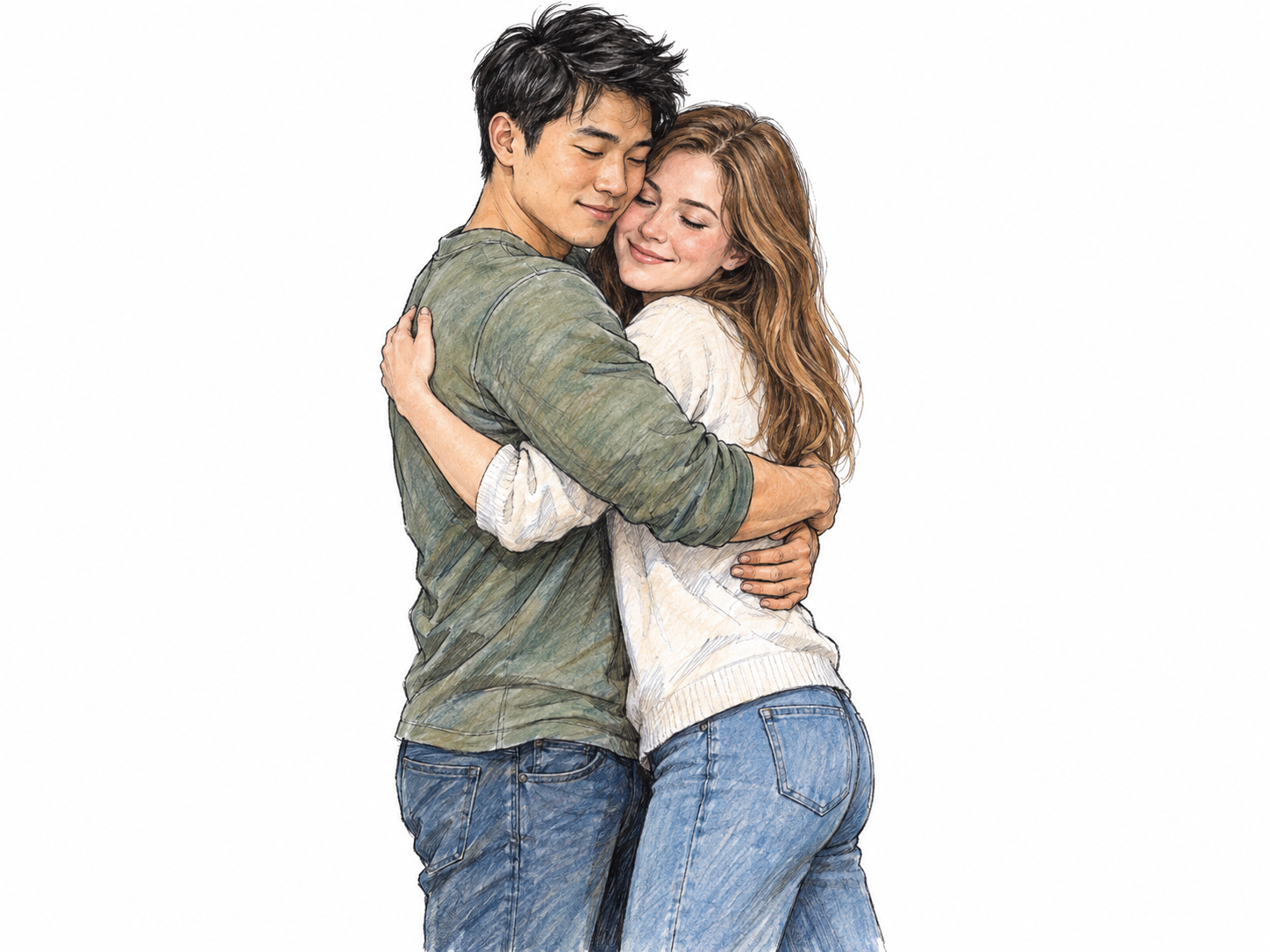 Two young adults hold one another closely in a mutual hug, with their arms visibly wrapped around each other's upper backs.