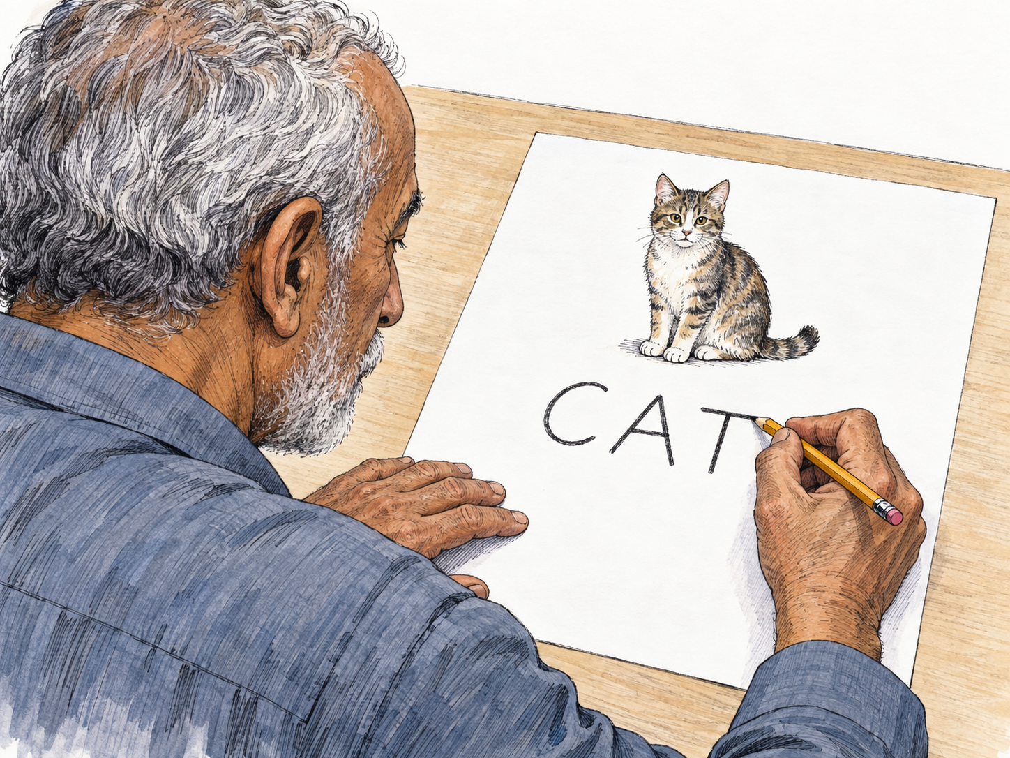 An older man writes CAT letter by letter beneath a simple picture of a cat, finishing the final T.