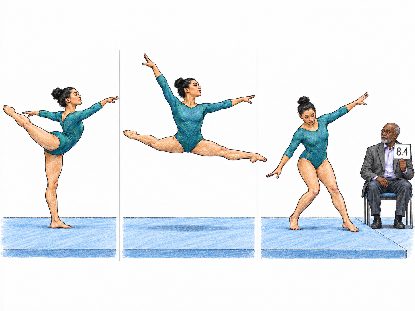 A gymnastics judge gives one assessment of a complete routine containing both strong elements and a visibly imperfect landing, rather than judging only one moment.