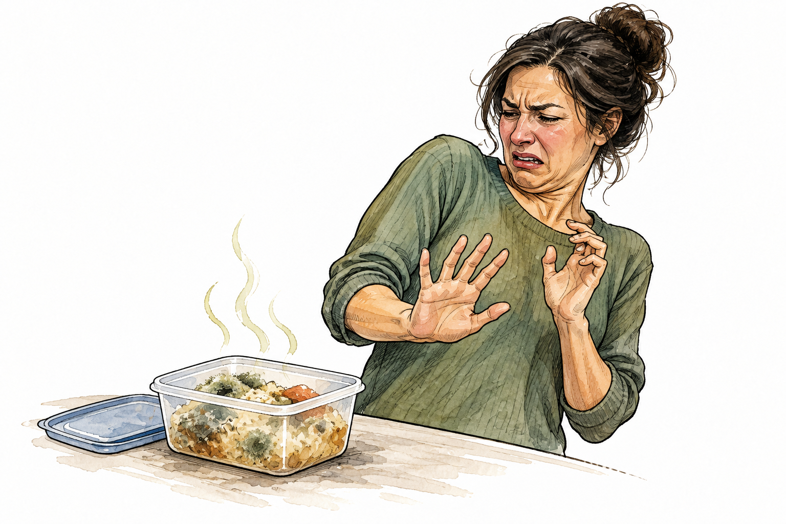 An adult recoiling from spoiled food uncovered in a plain container, realistic expression of intense disgust, not grotesque.