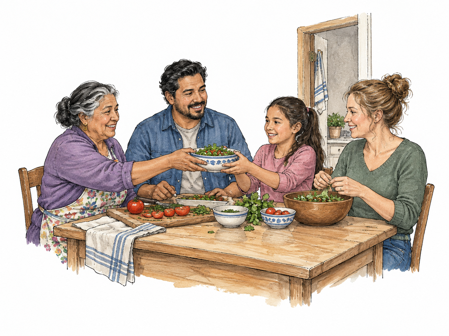Four people who share one home sit together at a small kitchen table preparing a simple shared meal, one passes a bowl to another.