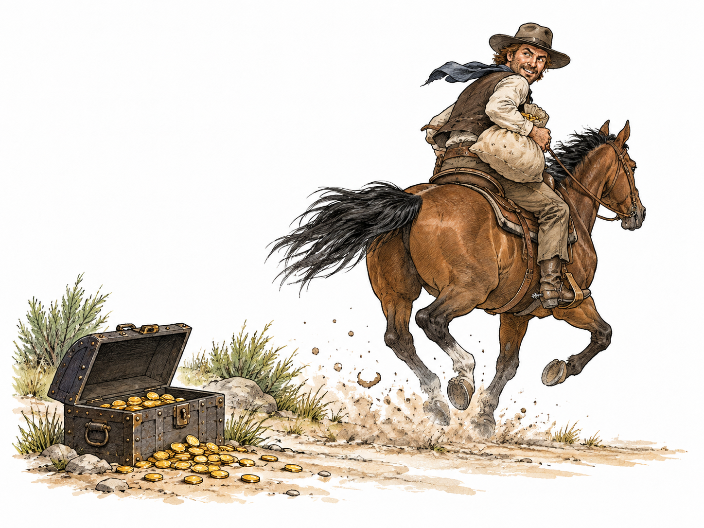 A reckless nineteenth-century frontier outlaw rides away from a simple opened strongbox with a sack of stolen coins, looking boldly back; no weapons fired, no victim, no ethnic costume stereotype.