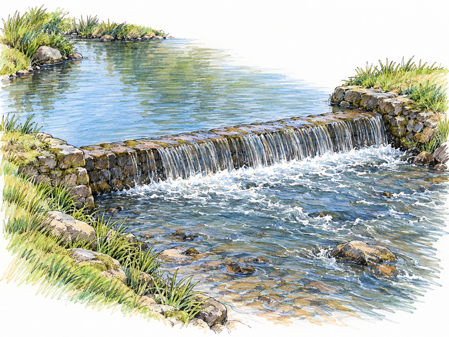 An oblique view of a low stone weir spanning a small stream, with calm raised water upstream spilling evenly over its crest into the lower flowing water downstream.