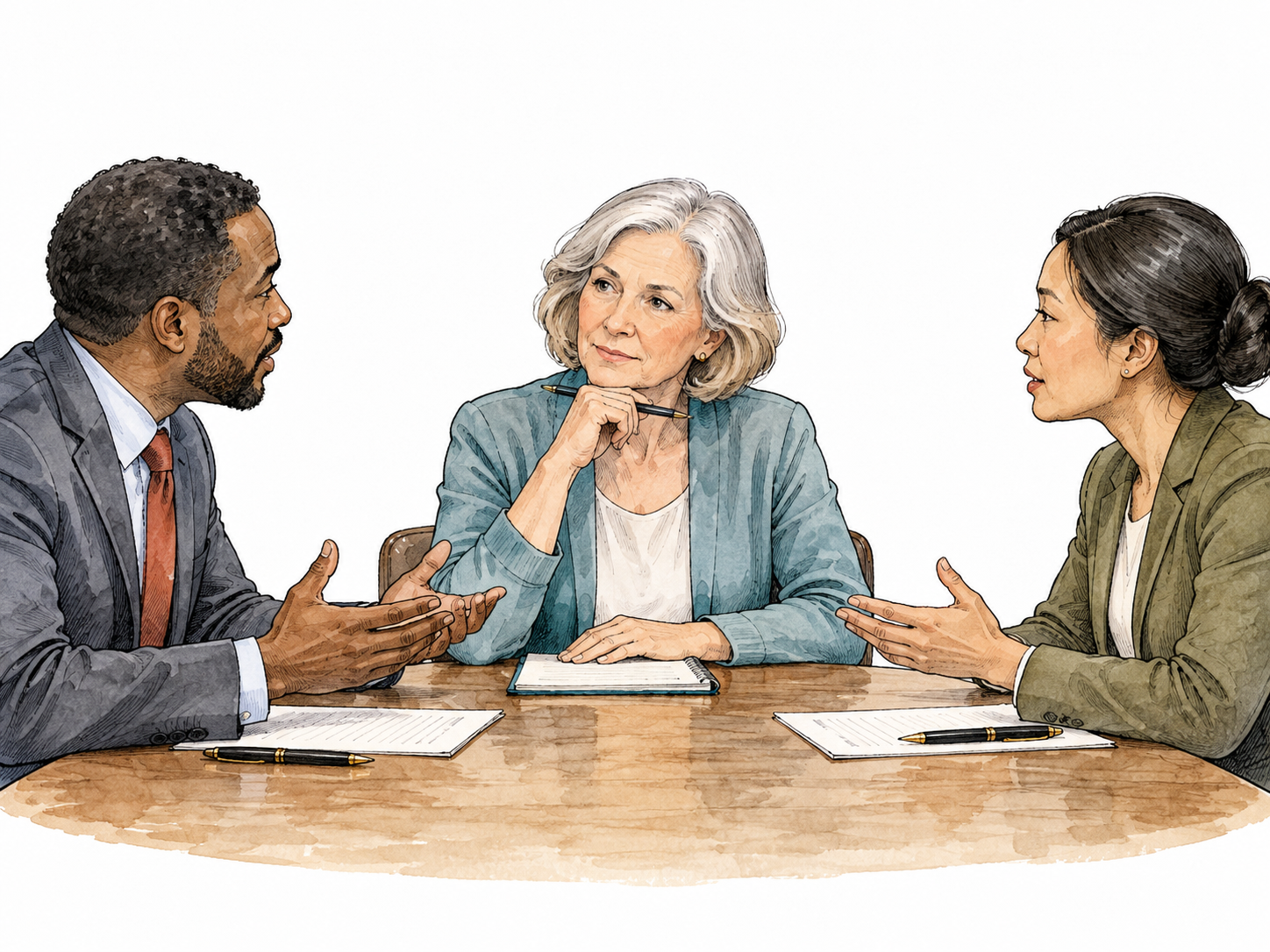 An older white woman mediates terms between two representatives, listening thoughtfully.