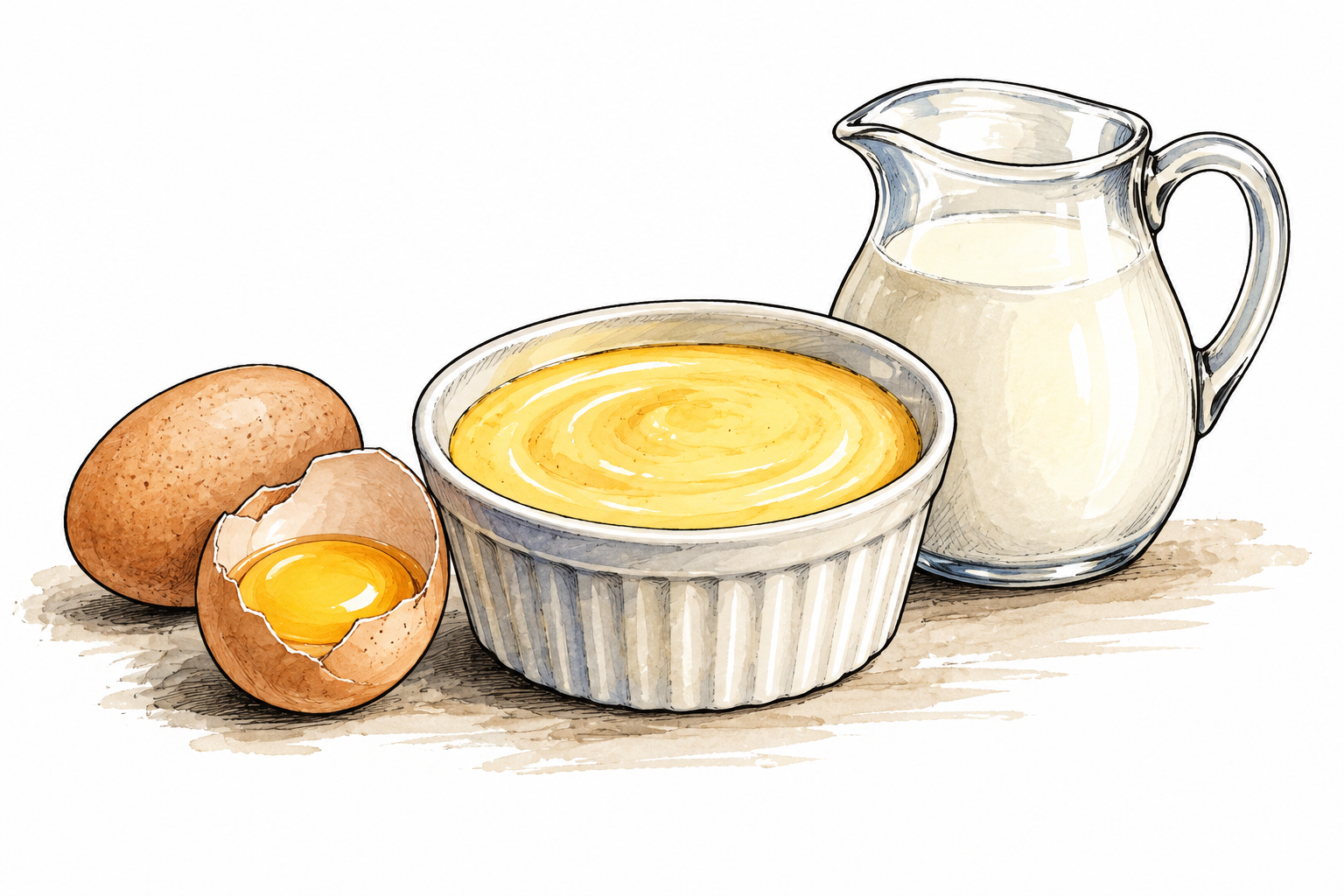 Small ceramic dish of smooth yellow custard with eggs and milk jug nearby, no labels.