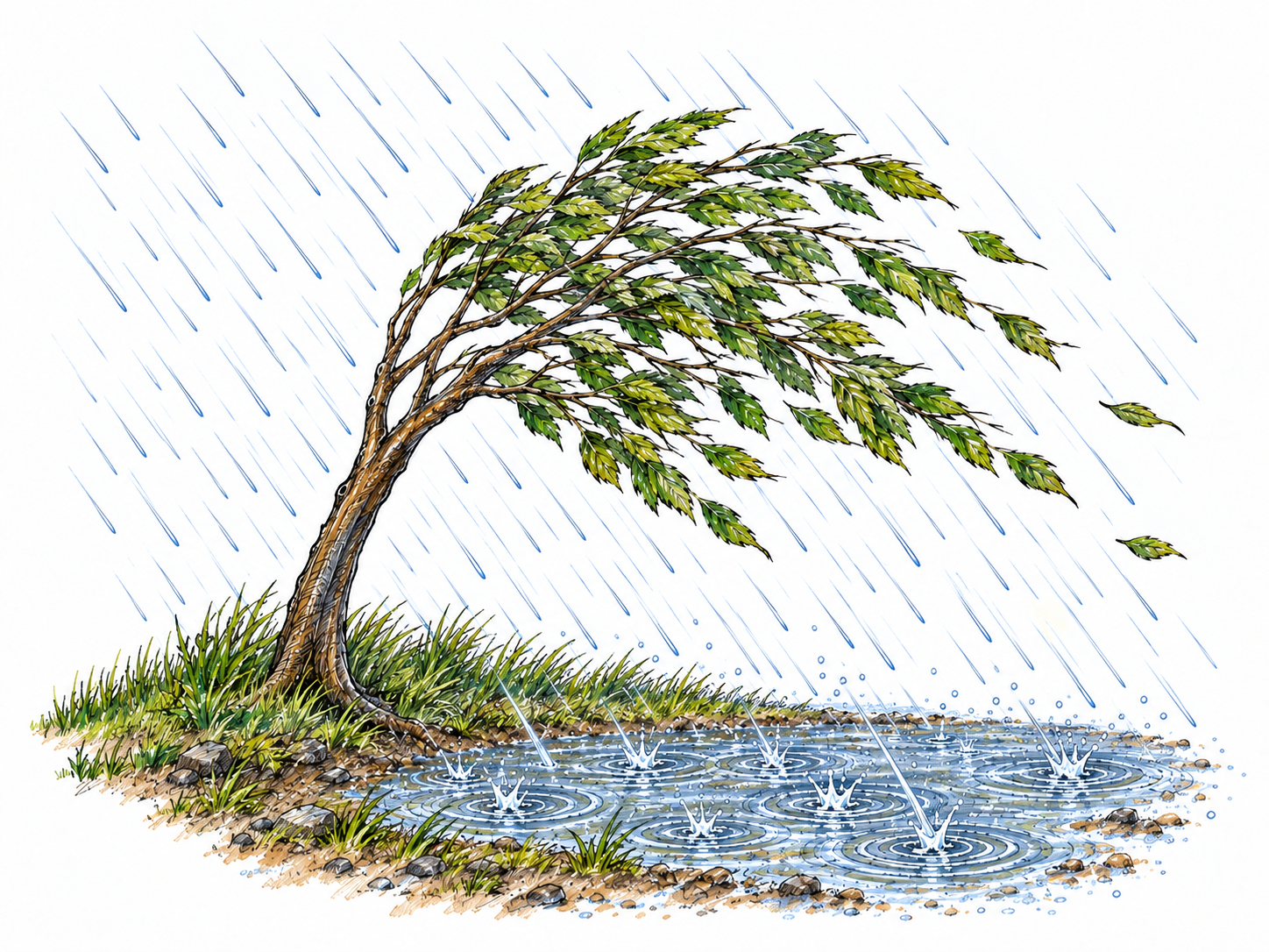 A single storm brings simultaneous heavy rain and strong wind: rain splashes into a puddle while a nearby tree bends and its leaves stream sideways.
