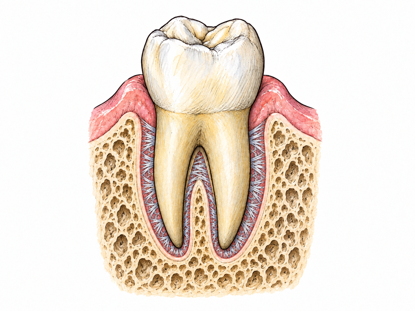 A close anatomical cutaway of a tooth in its socket emphasizes the gum, periodontal ligament and surrounding alveolar bone that hold the tooth in place.