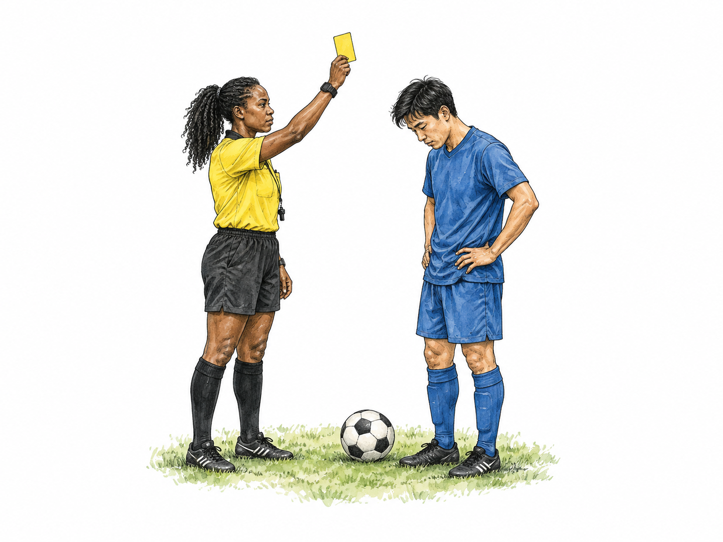 A soccer referee firmly raises one plain yellow card toward an adult player after a rule violation; player listens with chastened expression, football on grass nearby.