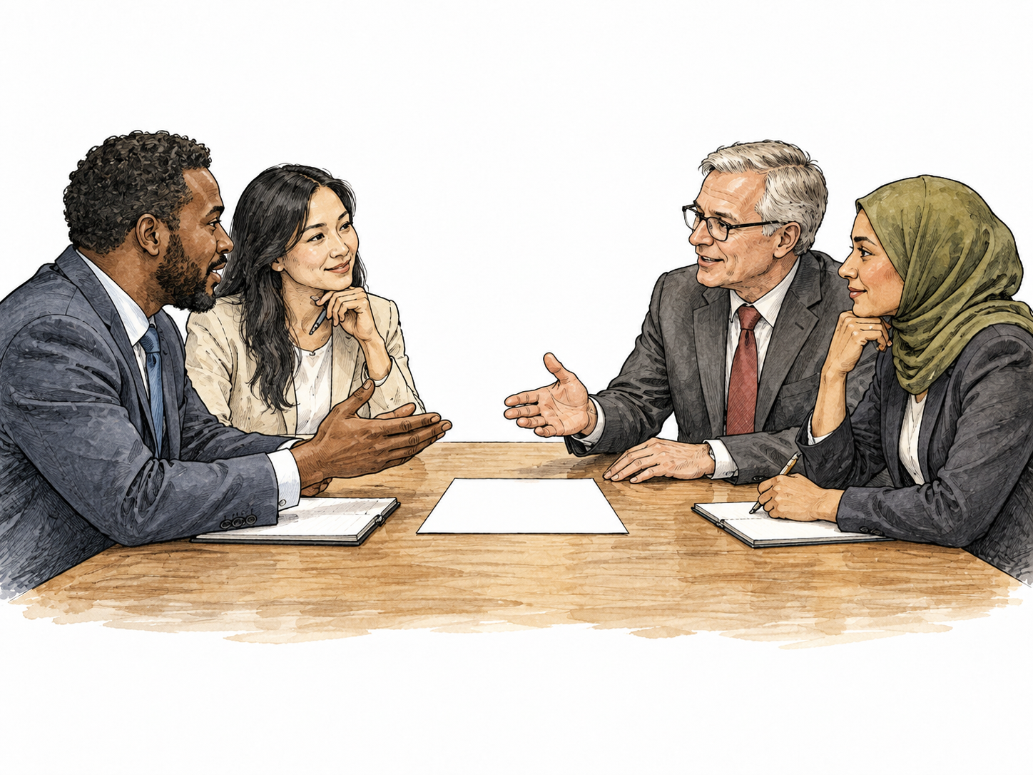 Two diverse business teams work toward agreement around a table with one shared unmarked document.