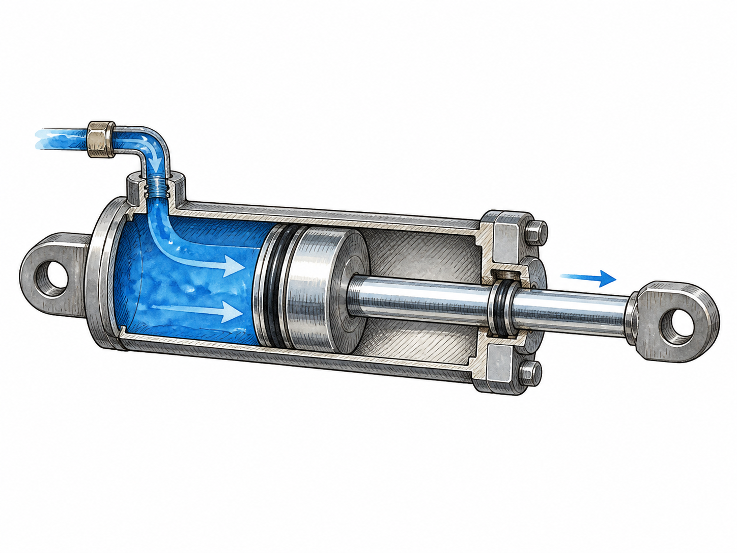 A simple cutaway hydraulic cylinder reveals one closely fitting metal piston head attached to a rod moving outward as blue liquid enters behind it through a side inlet.