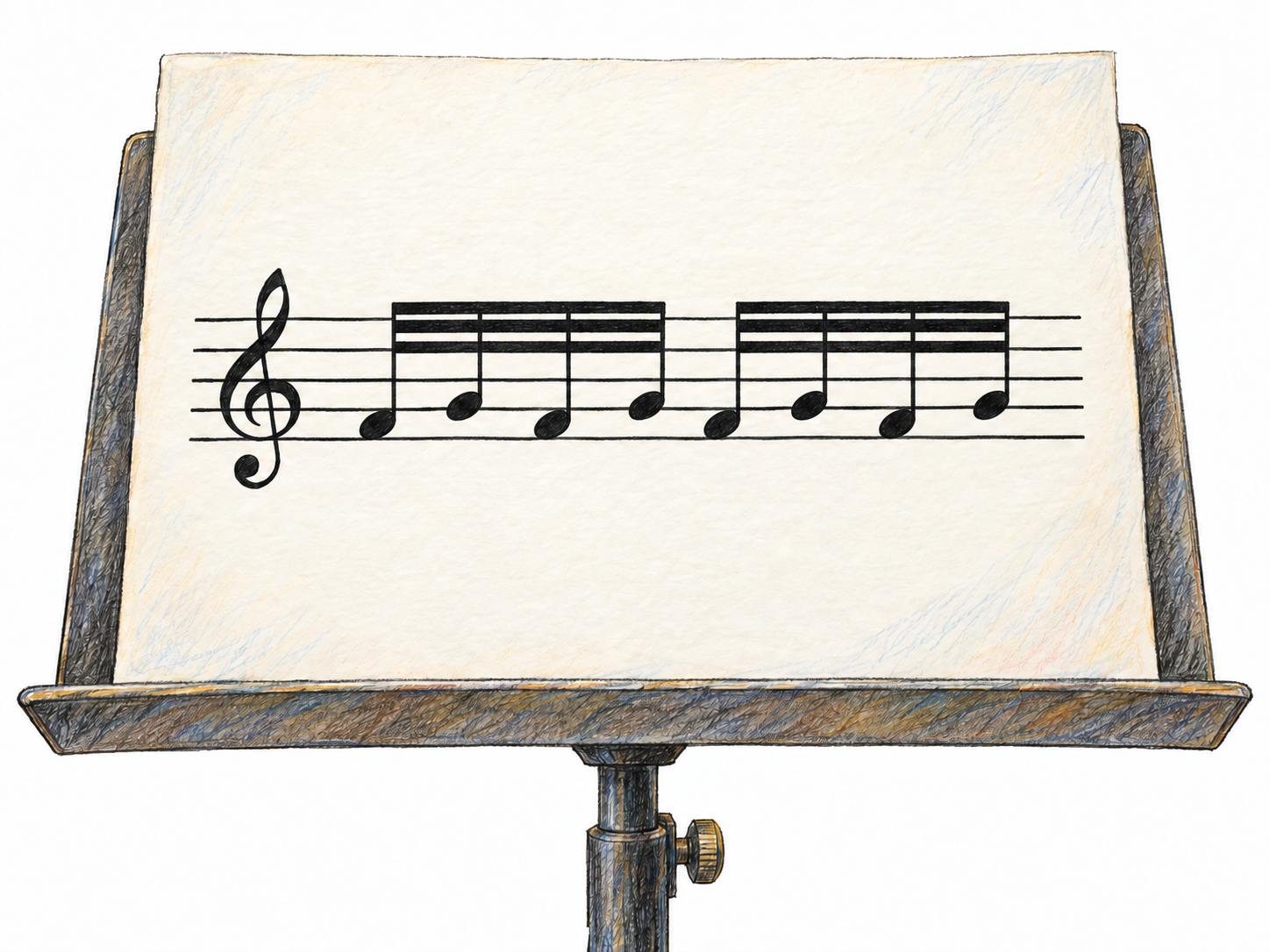 A close view of a small musical score on a plain music stand, showing a compact run of triple-beamed notes alternating strictly between two adjacent staff positions.