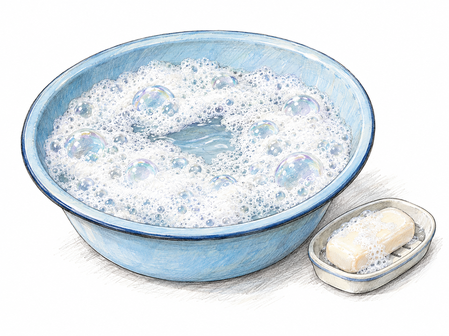 A shallow washbasin containing water covered with clusters of soap bubbles, with a wet bar of soap resting on the rim.
