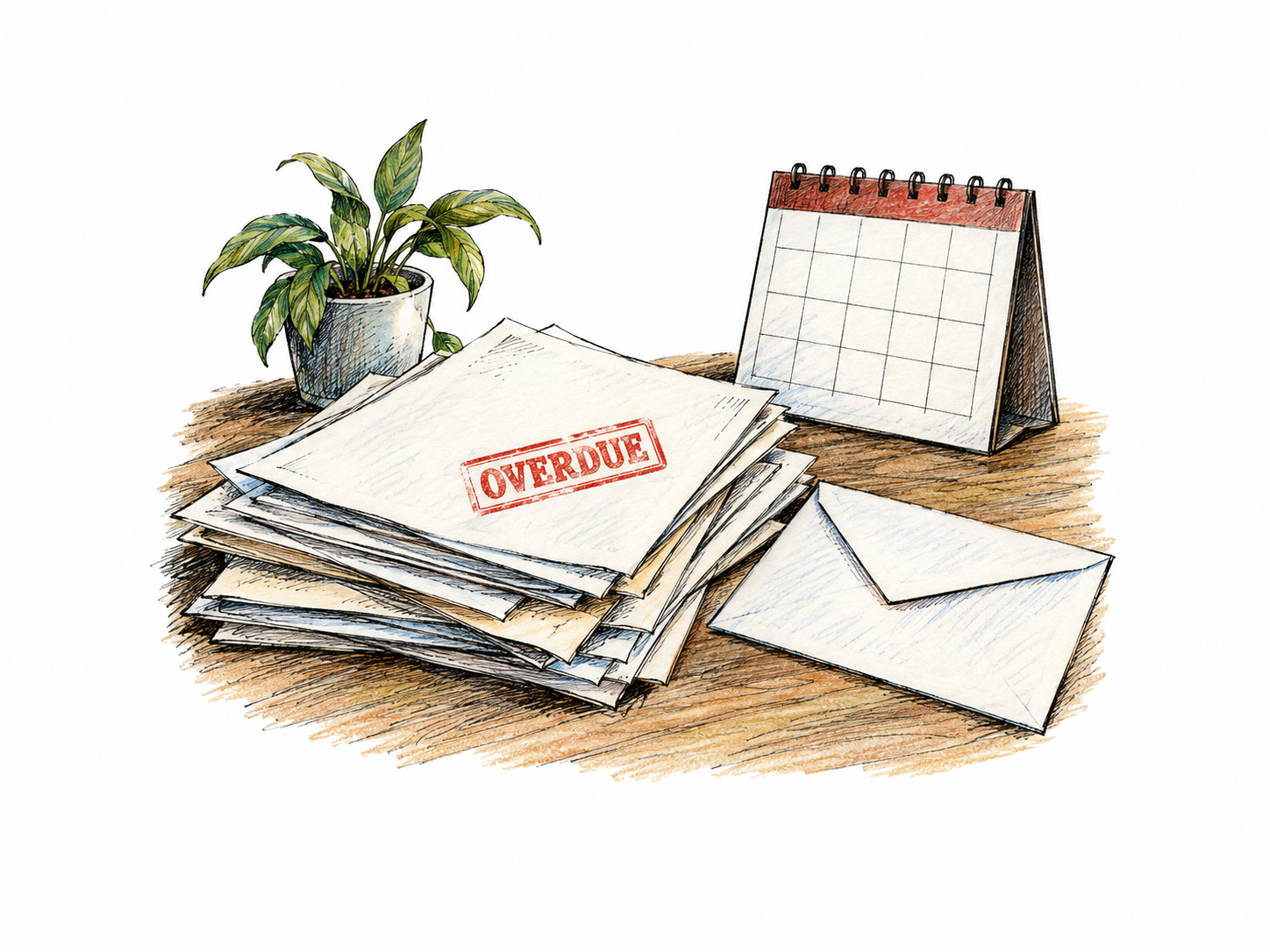 An unattended stack of overdue bills lies beside an unopened envelope and a calendar page, only a single functional OVERDUE stamp on top bill; other paper entirely blank, no dates or numbers.