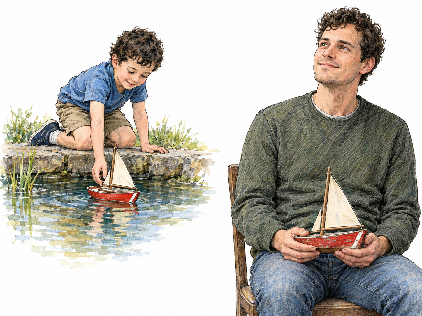 An adult holding his worn childhood toy boat recalls a specific afternoon sailing it as a boy.