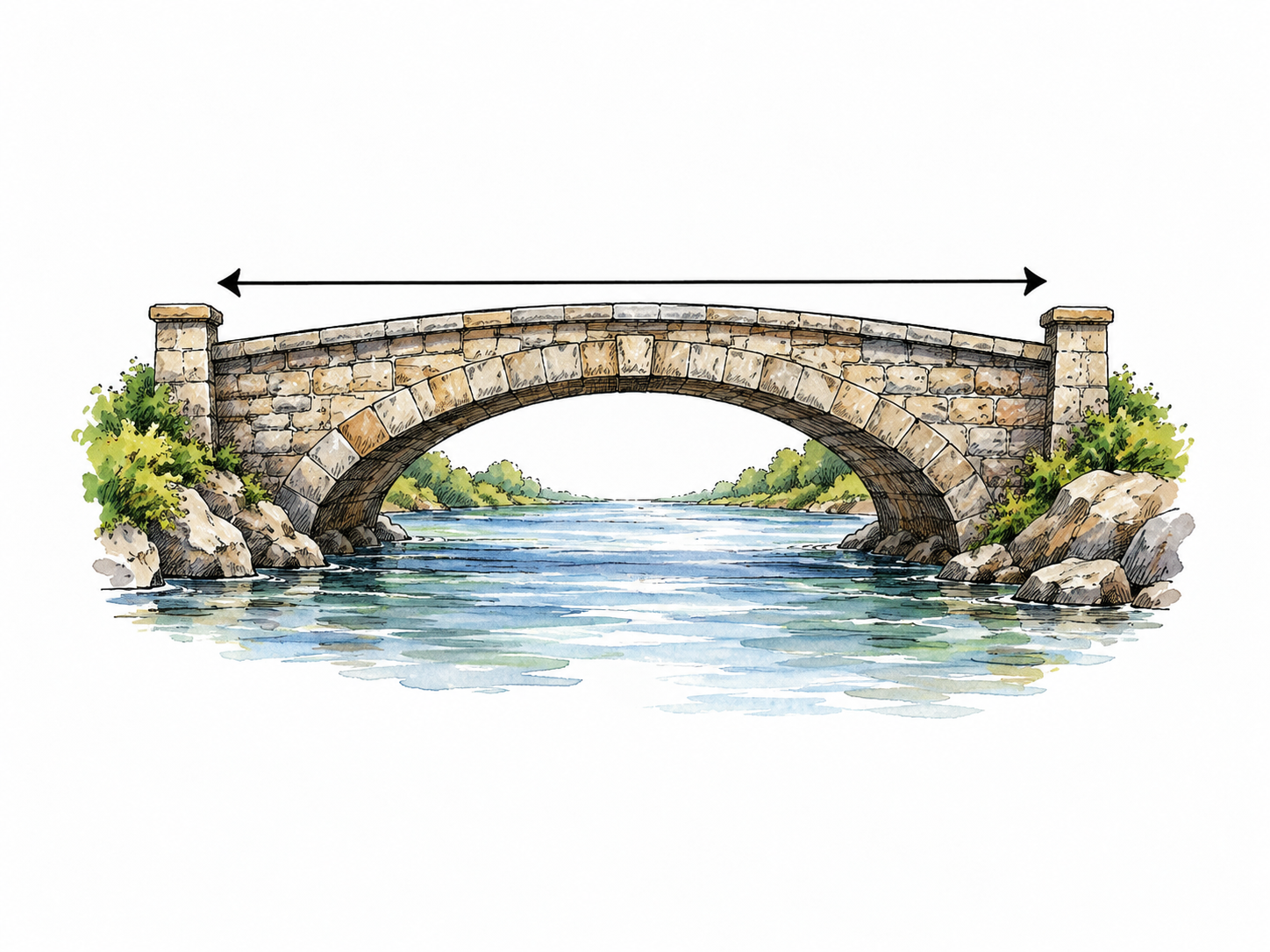 A simple stone bridge spans a river, a thin functional double-headed arrow extends exactly from one end to the other showing full length, no numerals.