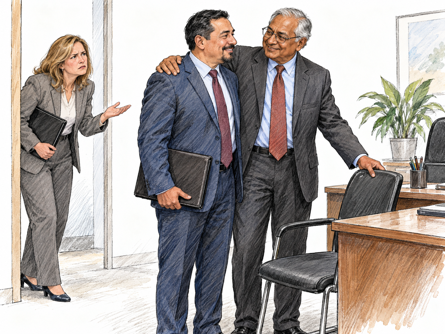 A business manager warmly ushers his friend past a waiting applicant and into the chair beside his desk, making personal favoritism visible through the bypassed queue and familiar embrace.