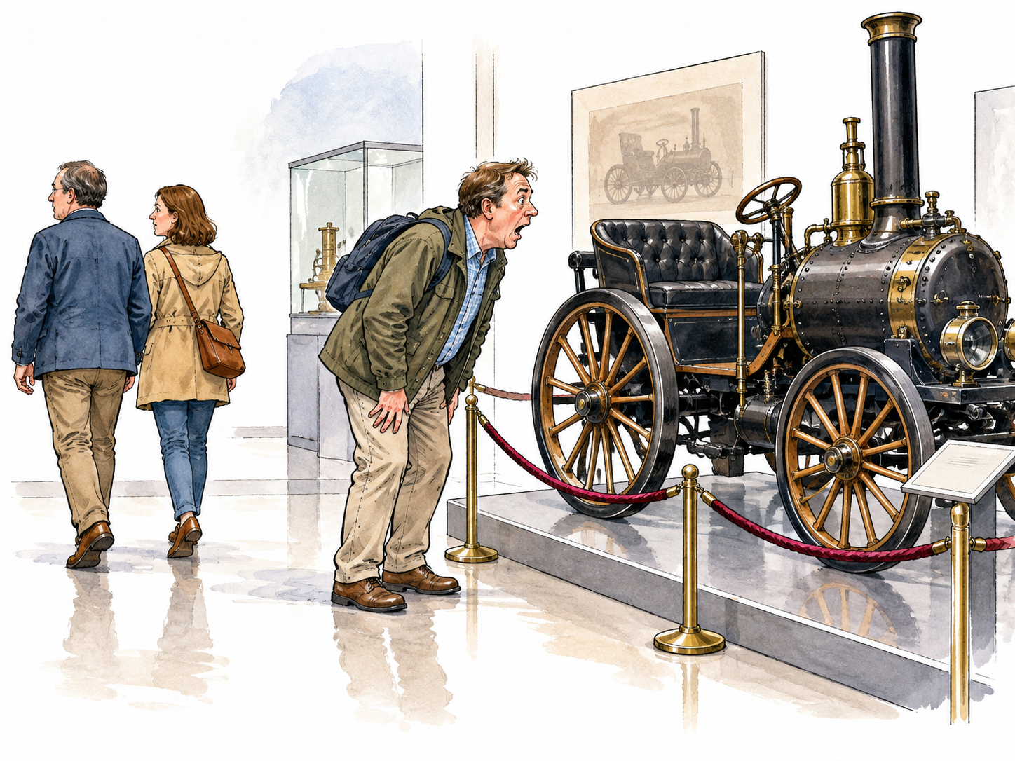 A fully clothed white adult tourist in a jacket and trousers stares open-mouthed at an antique steam car in a museum, unaware that companions have walked onward.