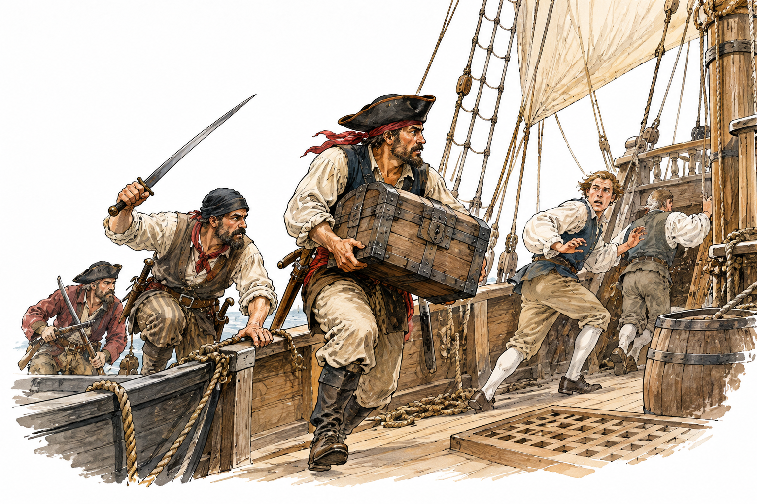 Historically plausible eighteenth-century sea raiders boarding a merchant sailing vessel and taking a cargo chest while crew retreat, non-graphic, coherent ship rigging, no text or skull flags.