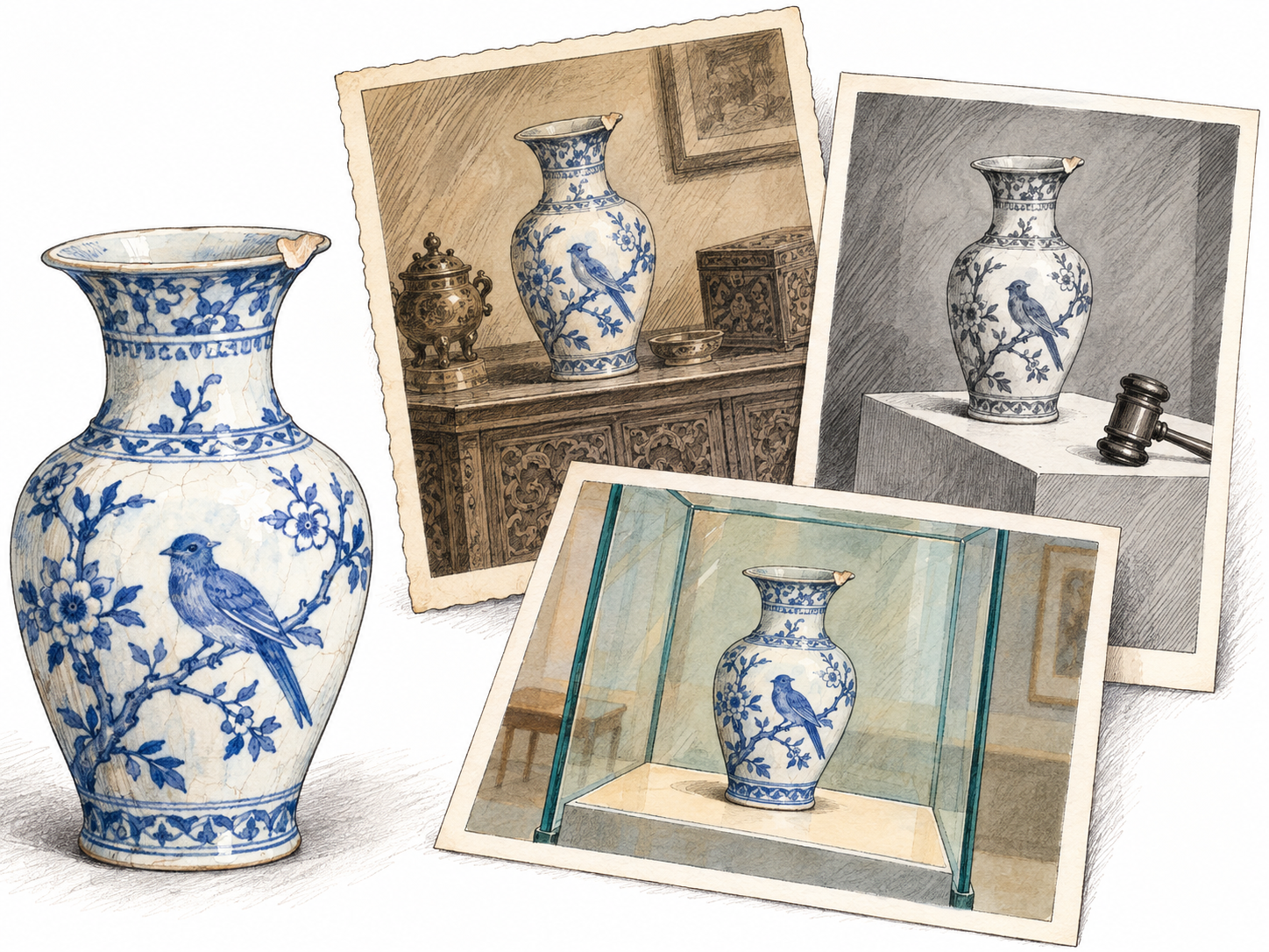 A valuable antique vase accompanied by a chronological visual record: three overlapping archival photographs show the same distinctive vase in an old private collection, on an auction pedestal, and in a museum display.