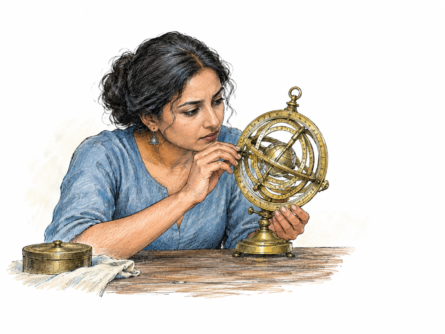 Scholar studies a small complex brass astrolabe with unfamiliar nested rings and tiny essential astronomical tick marks, specialist knowledge clear; no manuscript text, no bookshelves.