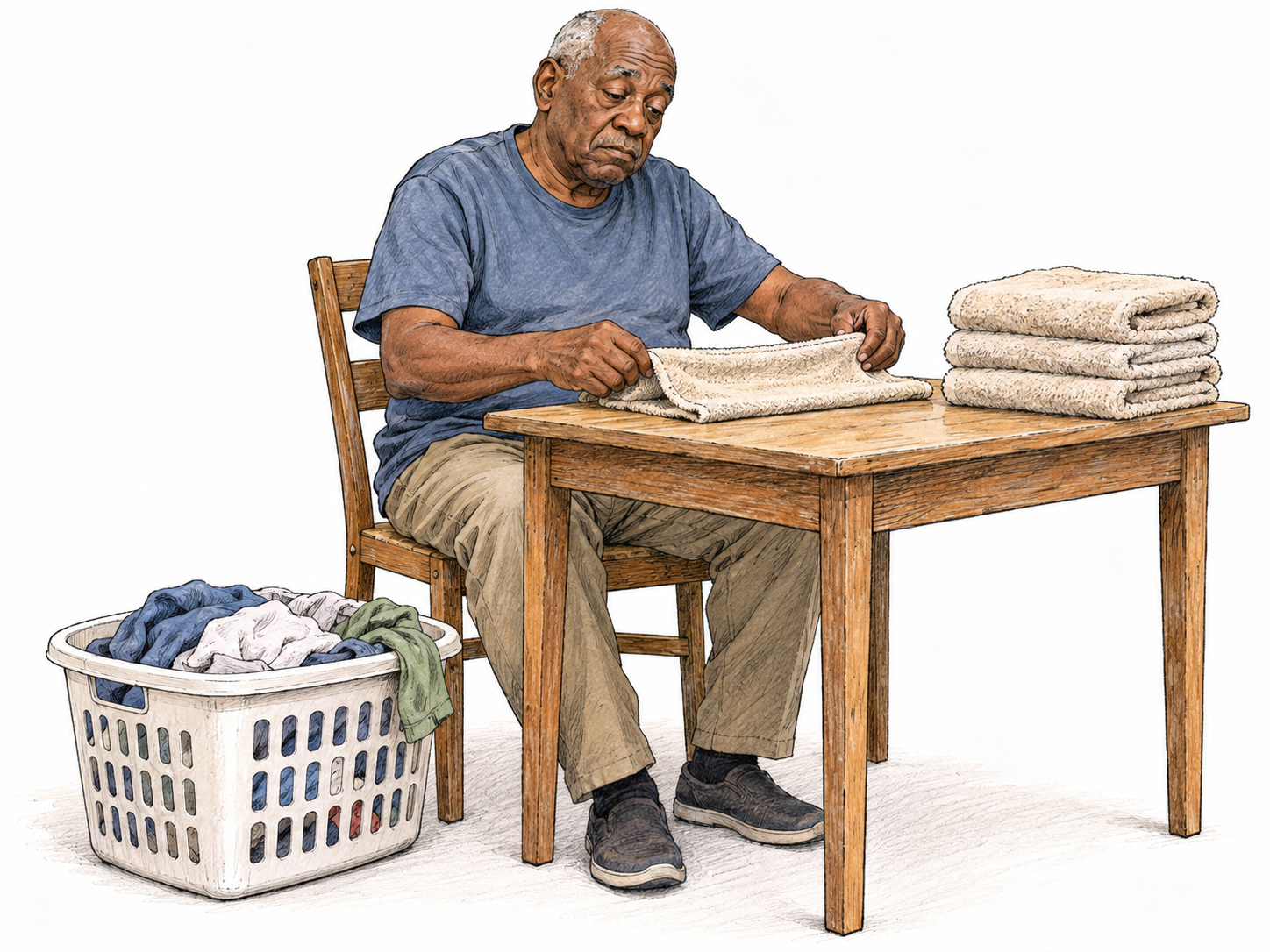 An older man wearily folds plain laundry, surrounded by a modest stack of identical folded towels and a basket of clothes: a visibly dull everyday household chore.