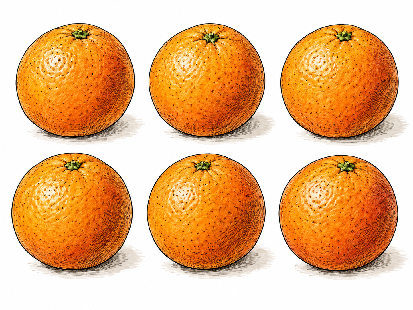 Exactly six ripe oranges are arranged in two rows of three on a clean white surface.
