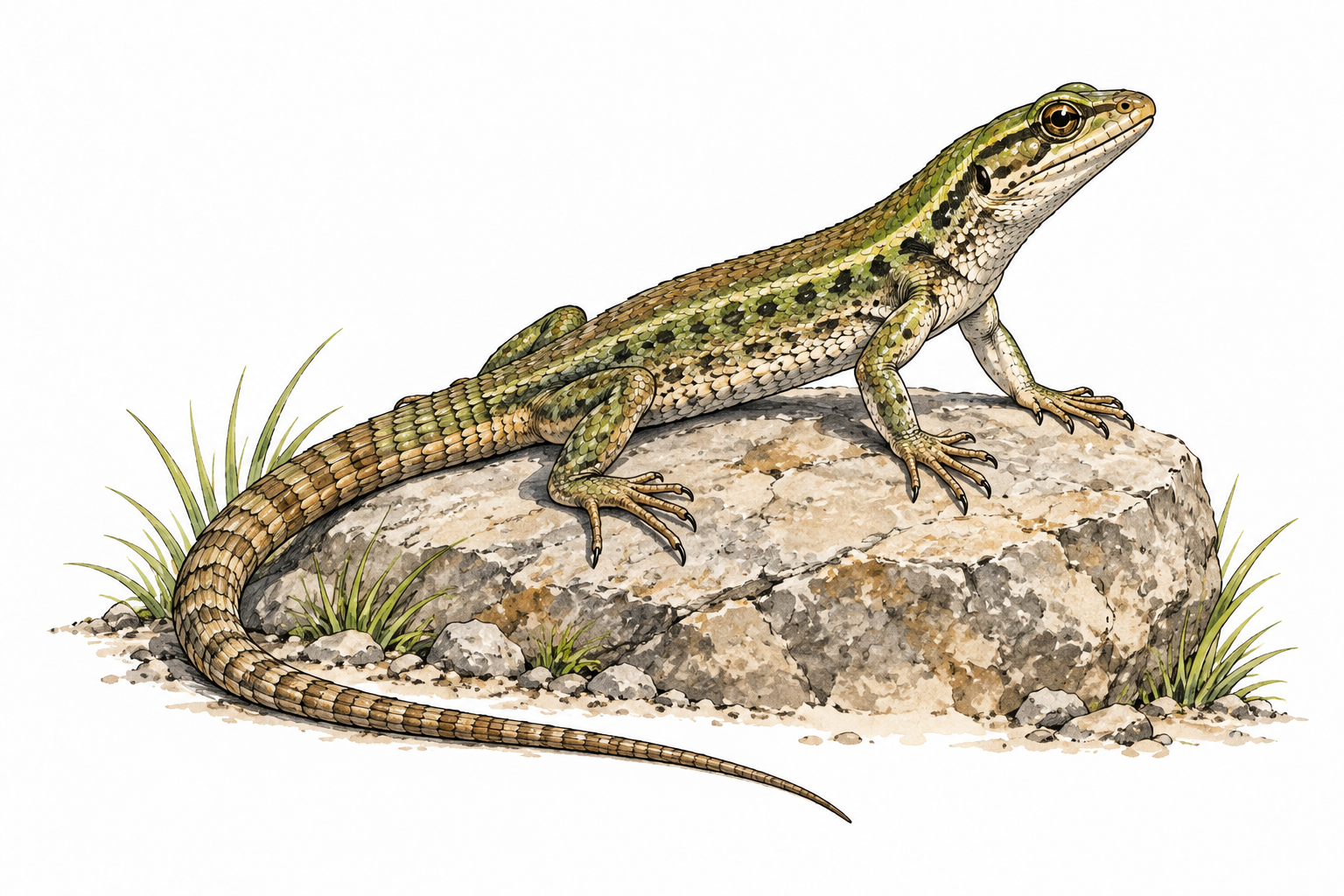 Natural green-brown lizard on rock, four legs long tail visible.