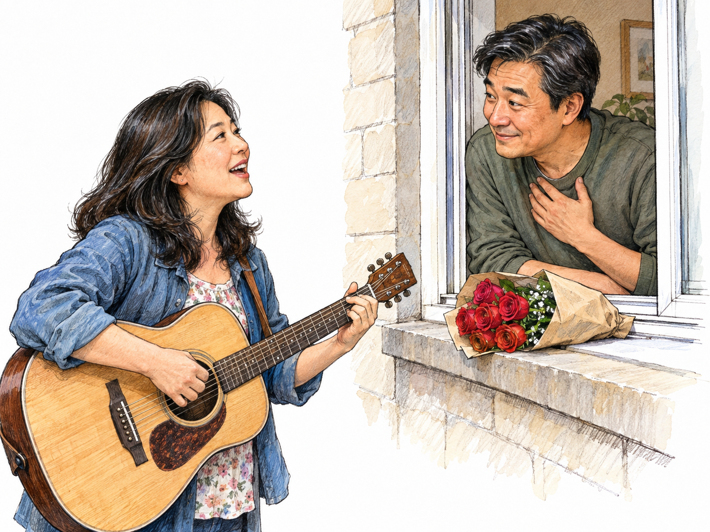 A middle-aged woman courts a similar-aged man by serenading him beneath his open ground-floor window, with a bouquet of roses on the sill.